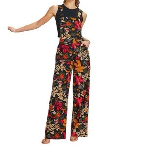 Los Banditos Floral Print Boho Disco Wide Leg Jumpsuit Overalls Romper